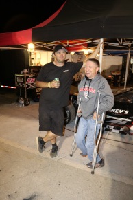 Travis Kvapil (left), the father of Super Late Model teenage star Carson Kvapil, chats with Dean Strom, who had some announcing duties over the weekend at nearby Daytona International Speedway. Strom was the PR director of the old NASCAR Midwest (RE/Max Challenge) Series when Travis was a regular competitor in 1998-2000.