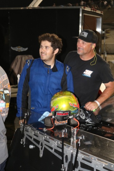 Super Late Model rookie Max Calles-McDonald with his crew chief and engine specialist Jerrad Warren (Jim Carson photo)