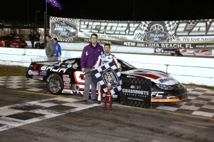 Orange Blossom Super Late Model 100 race winner Ty Majeski is joined by Andrew Hart, the son of track owner Robert Hart (Michael Fettig/Action Shots Photography)
